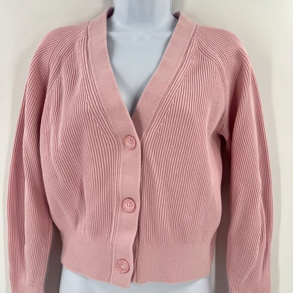 COS XS Pink Ribbed Cotton Cardigan Sweater Crop V-Neck Knit Minimalist - Picture 13 of 14